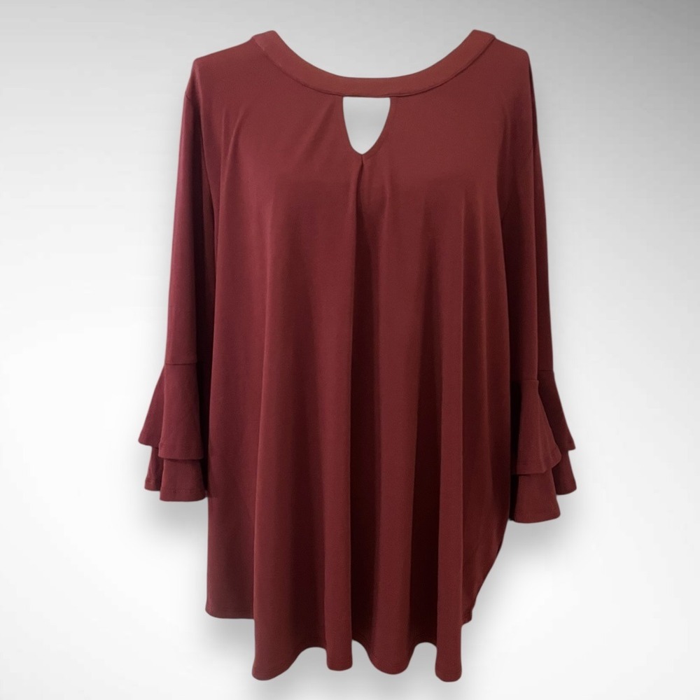 ELLOS Burgundy Loose Fitting Top With Tiered Flutter Sleeves and Cutout Neckline
